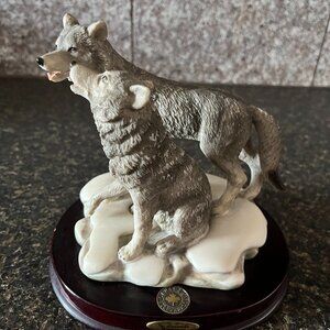 The Canadian Wilderness Vintage 2 wolves on wooden base